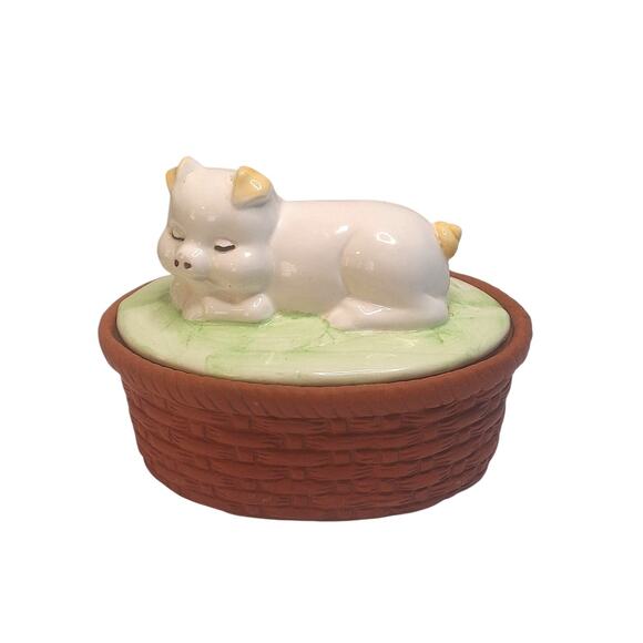 Oval Basket Weave Ceramic Pig Lid Nesting Trinket Box Vintage Hand Painted 5x5x4 - Picture 1 of 7